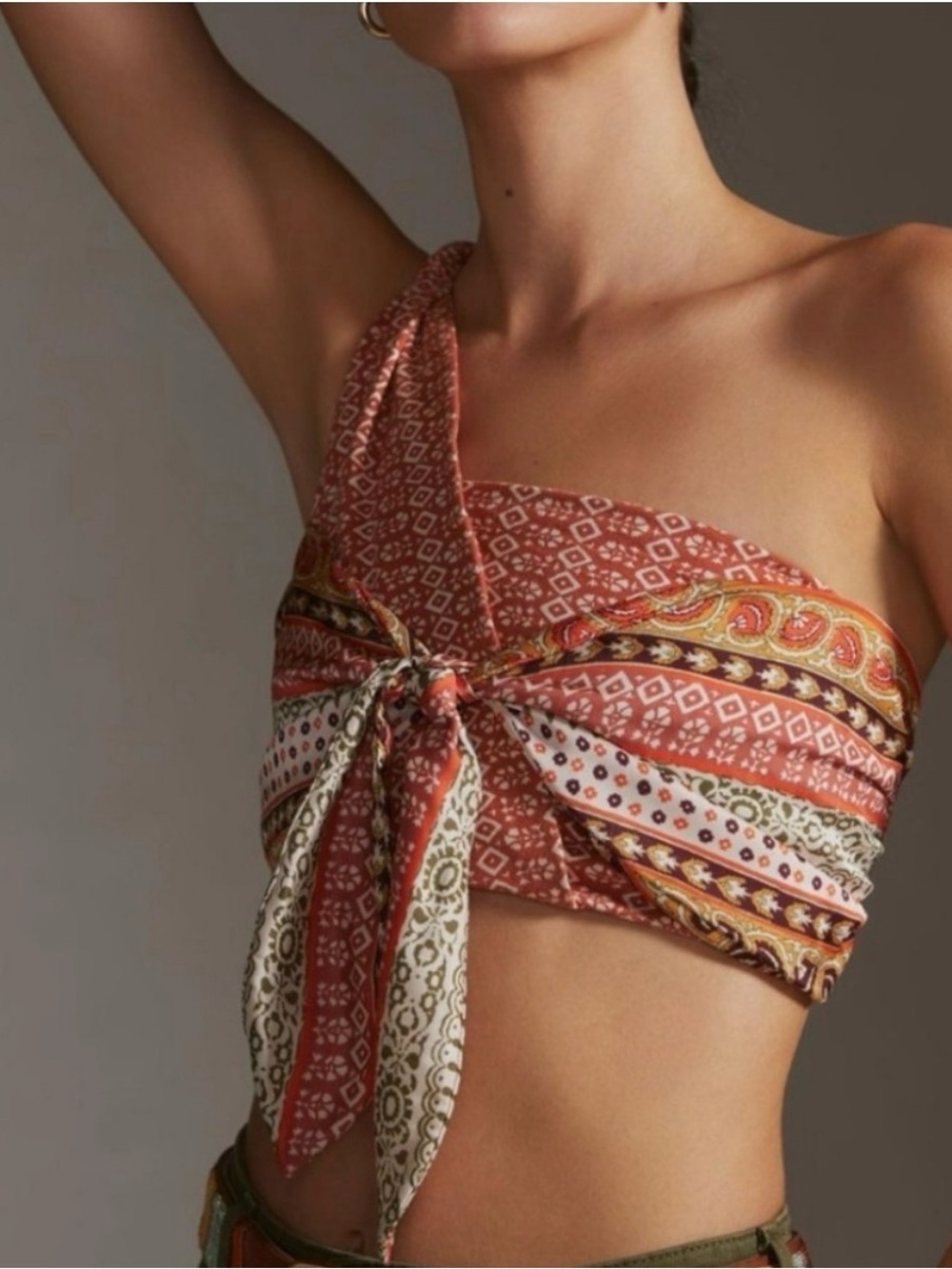 Anthropologie One-Shoulder Tie-Front Scarf Crop Top in Rust & Cream Paisley XS